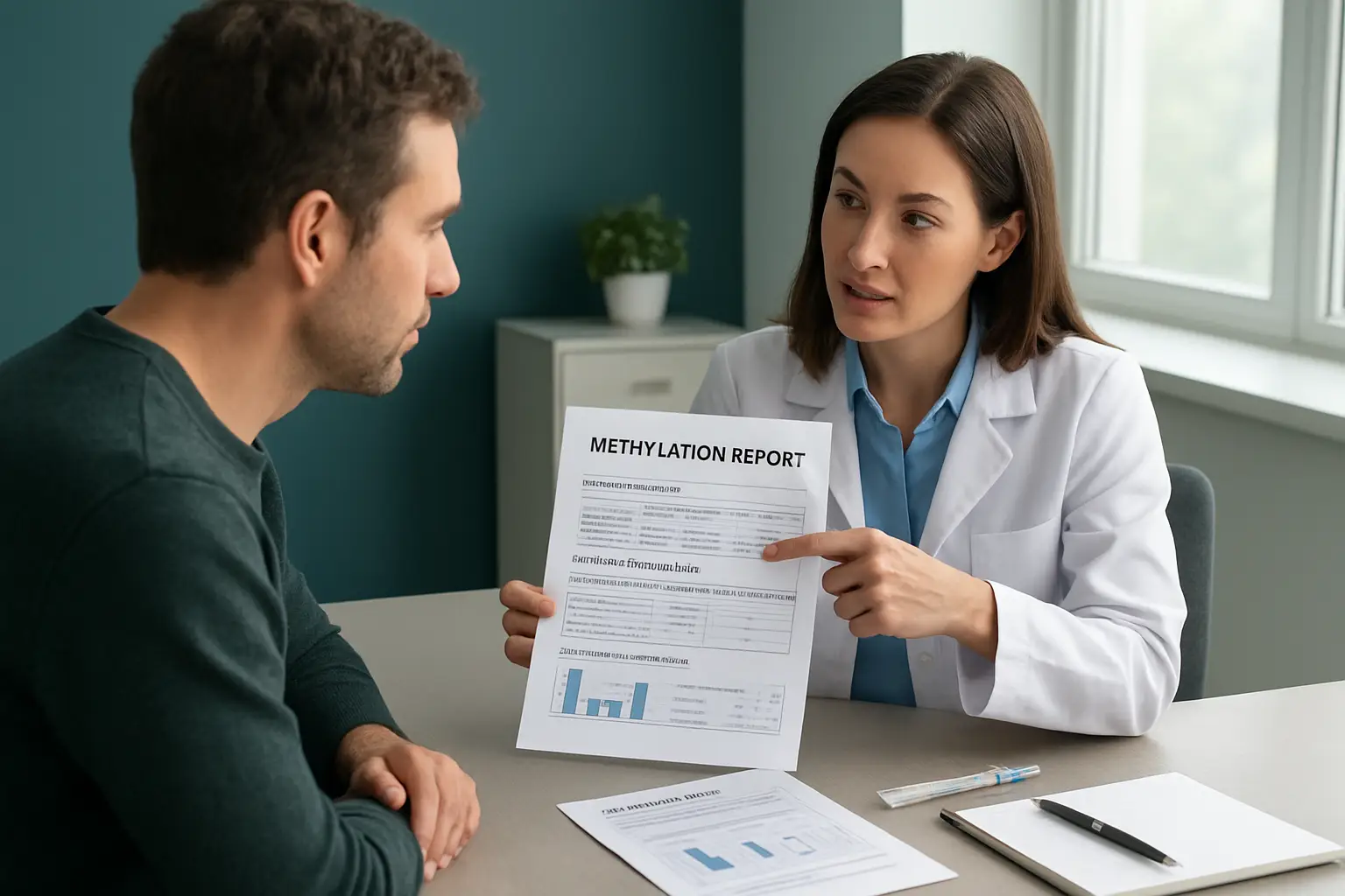 Person reviewing a methylation report and laboratory results with a healthcare professional